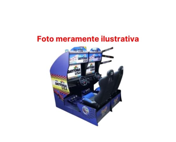Foto de (1) Um Simulador de Corrida Para Dois Jogadores | Brinquedo no Formato de Carro |  Dois Assentos nas cores azul, branca e vermelha |  Dois Volantes Pequenos |  Duas Telas de TV da Marca LG na Parte da Frente 